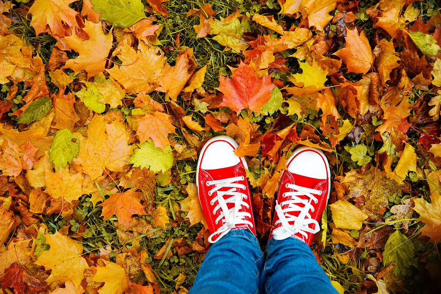Conceptual hipster style image of legs in boots, trendy gumshoes on background of autumn leaves. Feet shoes walking in fall season nature