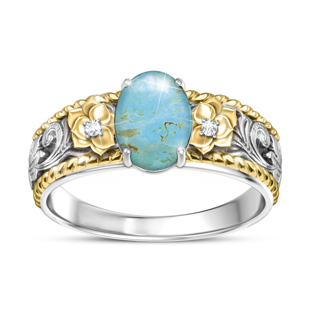 Genuine Turquoise And Diamond Country Rose Ring